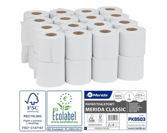 Toaletní papír MERIDA KLASIK bílý, průměr 11 cm, délka 50 m, 1-vrstvý, 32 rolí/bal