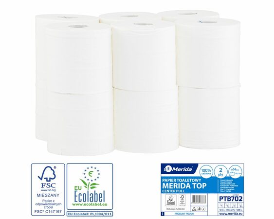 Toaletní papír MERIDA TOP FLEXI bílý, délka 100 m, průměr 14 cm, 2-vrstvý, 12 rolí/bal