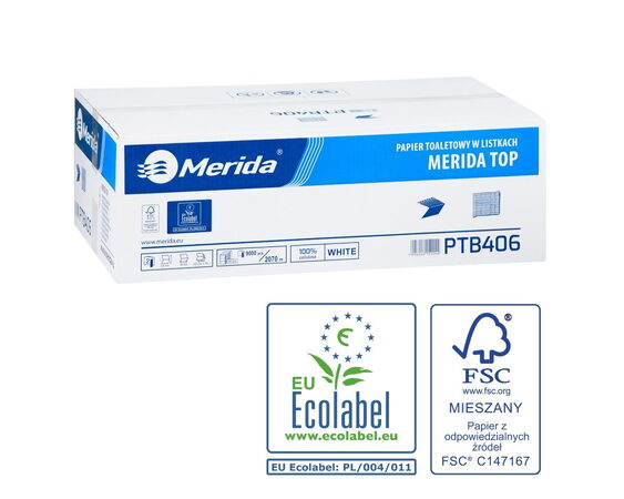 Toaletní papír skládaný MERIDA TOP, bílý, dvouvrstvý, 100% celulóza, karton/9000 ks