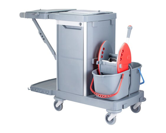 Úklidový servisní vozík MERIDA, 2x15 l dvoukbelíkový systém s červeným ždímačem, 40 l box, 3x7 l vědra