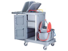 Úklidový servisní vozík MERIDA, 2x15 l dvoukbelíkový systém s červeným ždímačem, 40 l box, 3x7 l vědra