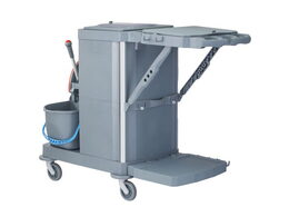 Úklidový servisní vozík MERIDA, 2x15 l dvoukbelíkový systém s červeným ždímačem, 40 l box, 3x7 l vědra