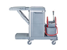 Úklidový servisní vozík MERIDA, 2x15 l dvoukbelíkový systém s červeným ždímačem, 40 l box, 3x7 l vědra