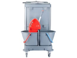 Úklidový servisní vozík MERIDA, 2x15 l dvoukbelíkový systém s červeným ždímačem, 40 l box, 3x7 l vědra