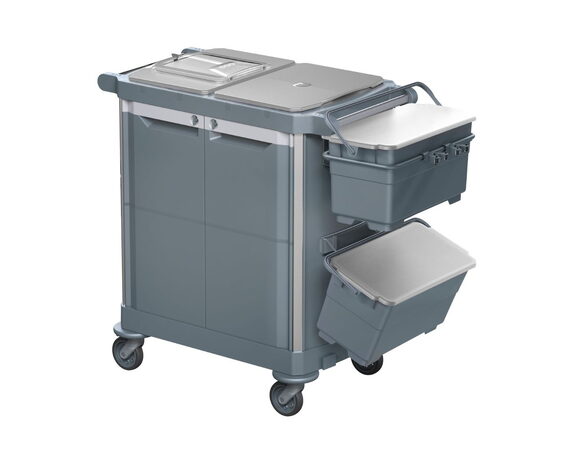 Úklidový servisní vozík MERIDA, šedý, 2x22 l box s víkem, 3x7 l vědra, 2x70 l na odpadkové pytle