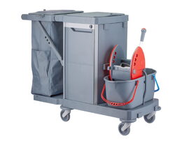 Úklidový servisní vozík MERIDA, 2x15 l dvoukbelíkový systém s červeným ždímačem, 40 l box, 3x7 l vědra