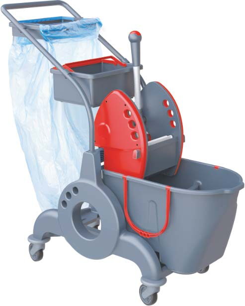 Úklidový vozík MERIDA jednokbelíkový dvoukom. 15L+10L box 7l s úchytem na pytel ždímač čer