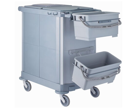 Úklidový servisní vozík MERIDA, šedý, 2x22 l box s víkem, 3x7 l vědra, úchyt na odpadkový pytel 120 l