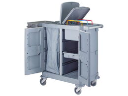 Úklidový servisní vozík MERIDA, šedý, 2x22 l box s víkem, 3x7 l vědra, úchyt na odpadkový pytel 120 l