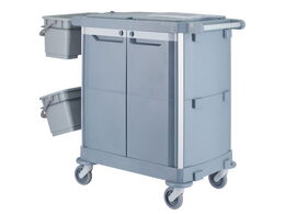 Úklidový servisní vozík MERIDA, šedý, 2x22 l box s víkem, 3x7 l vědra, úchyt na odpadkový pytel 120 l