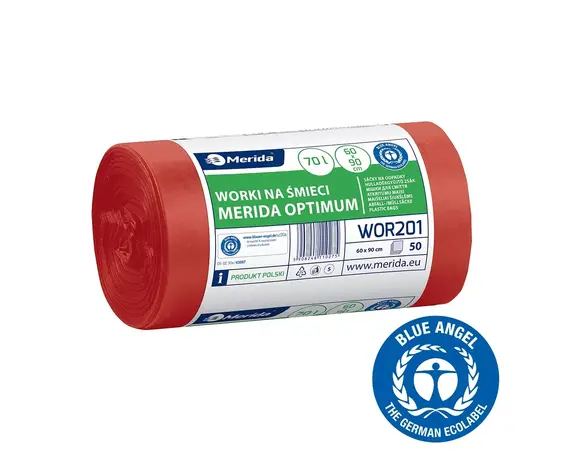 Sáčky na odpadky MERIDA OPTIMUM, 60 x 90 cm, objem 70 l, role 50 ks, ČERVENÉ, HDPE/LDPE