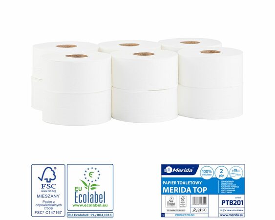 Toaletní papír Merida TOP, 19 cm, 180 m, 2-vrstvý, 100% celulóza, (12rolí/balení) 