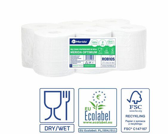 Papírové ručníky v rolích MERIDA OPTIMUM MAXI, 2-vrstvé, bílé, délka 150 m, (6 rolí/bal) 