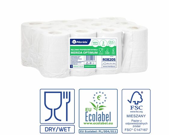 Papírové ručníky v rolích MERIDA OPTIMUM MINI, 2-vrstvé, bílé, délka 60 m, (12rolí/bal) 